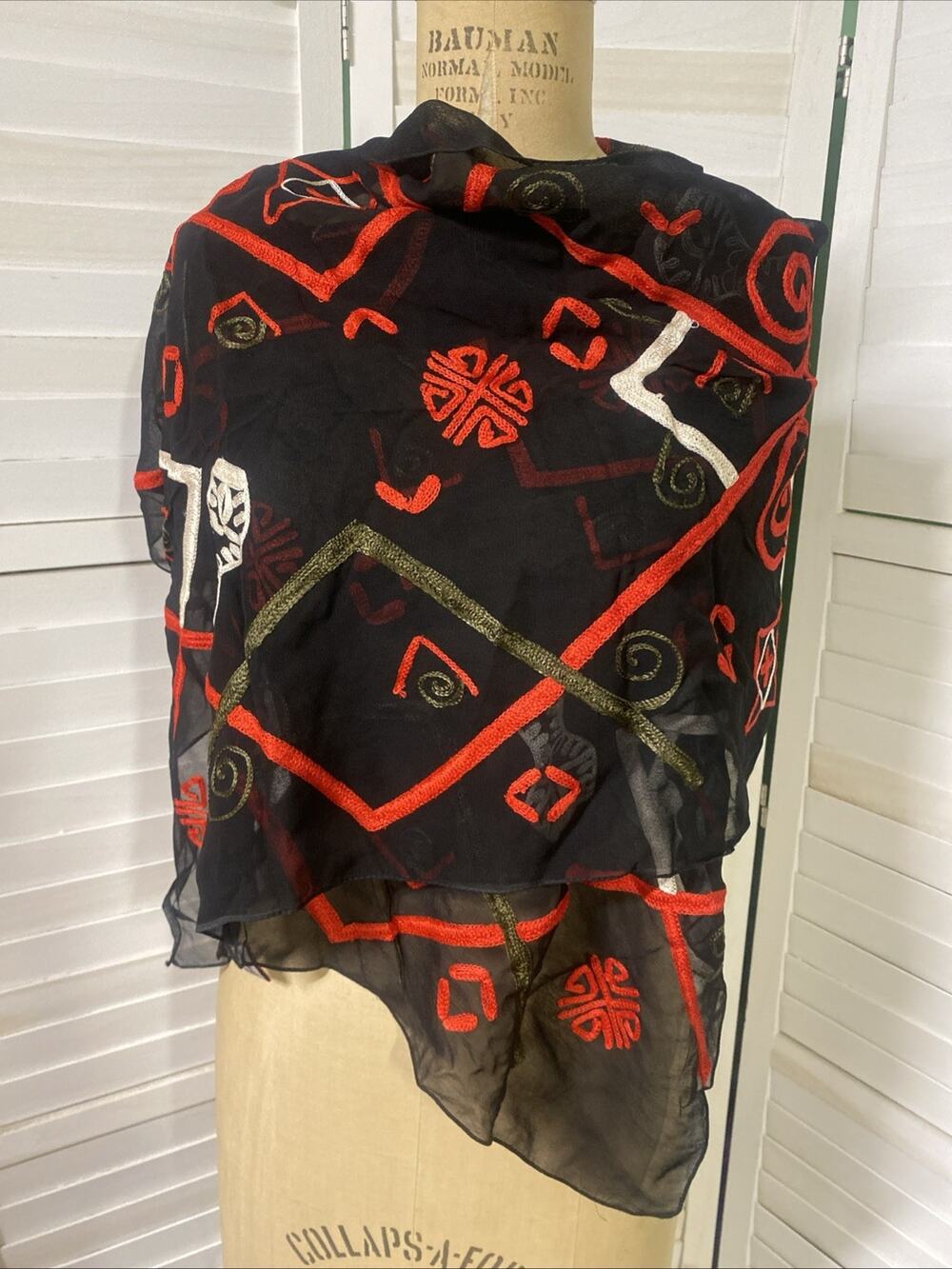 Sterling Styles Embroidered Black Chiffon Rectangle Scarf Shawl 20. 5” X 66.5”